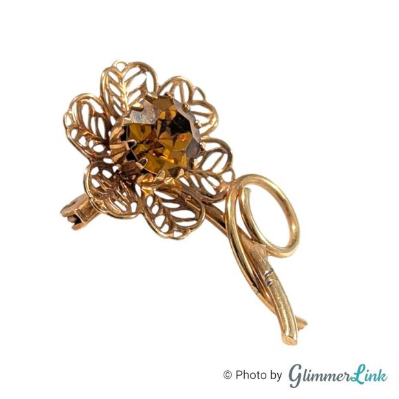 Vintage Filigree Petal Flower Orange Rhinestone Gold Tone Brooch - Picture 2 of 6